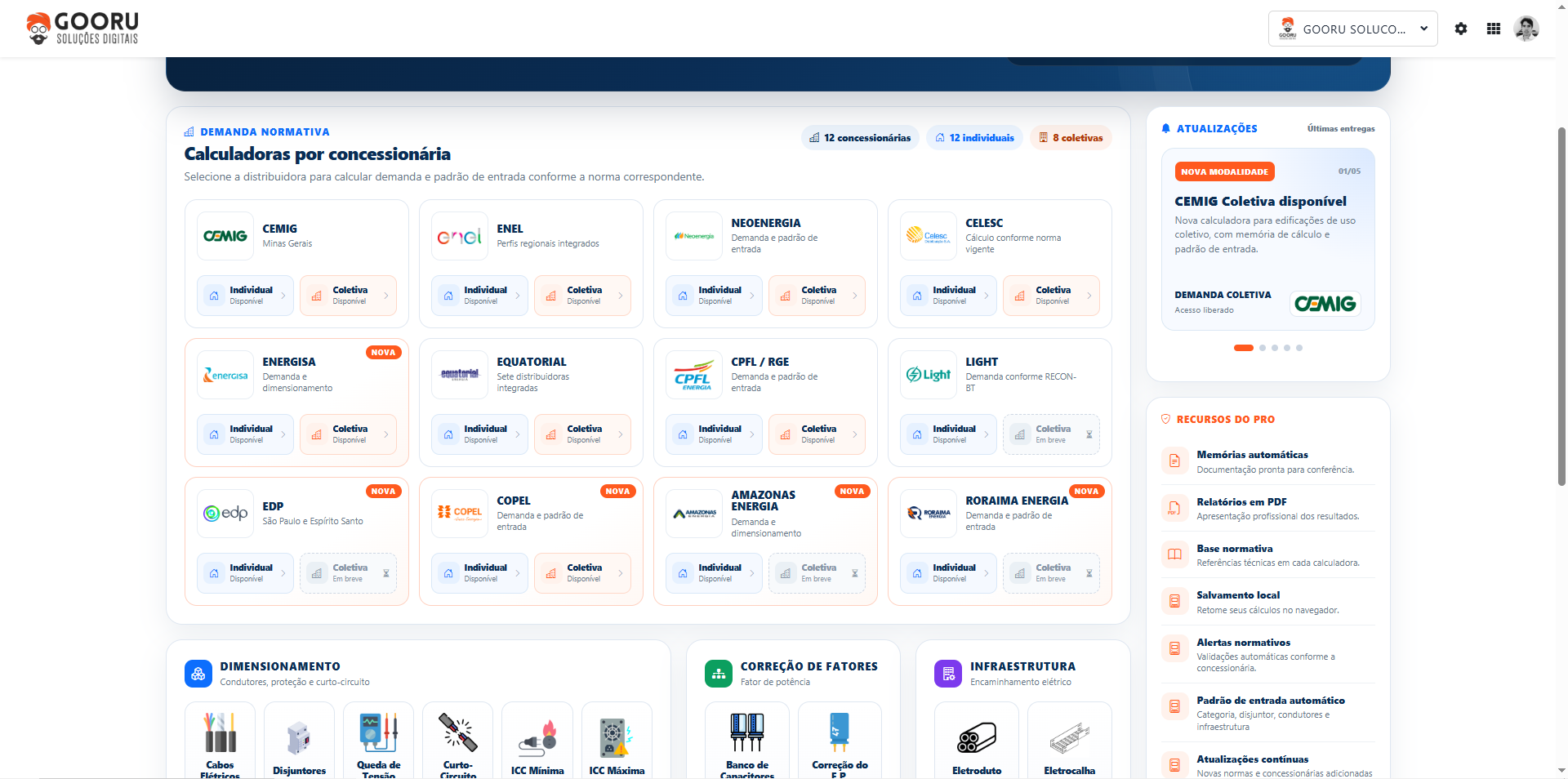 Painel do CalcElétrica Pro com 12 concessionárias e calculadoras individuais e coletivas